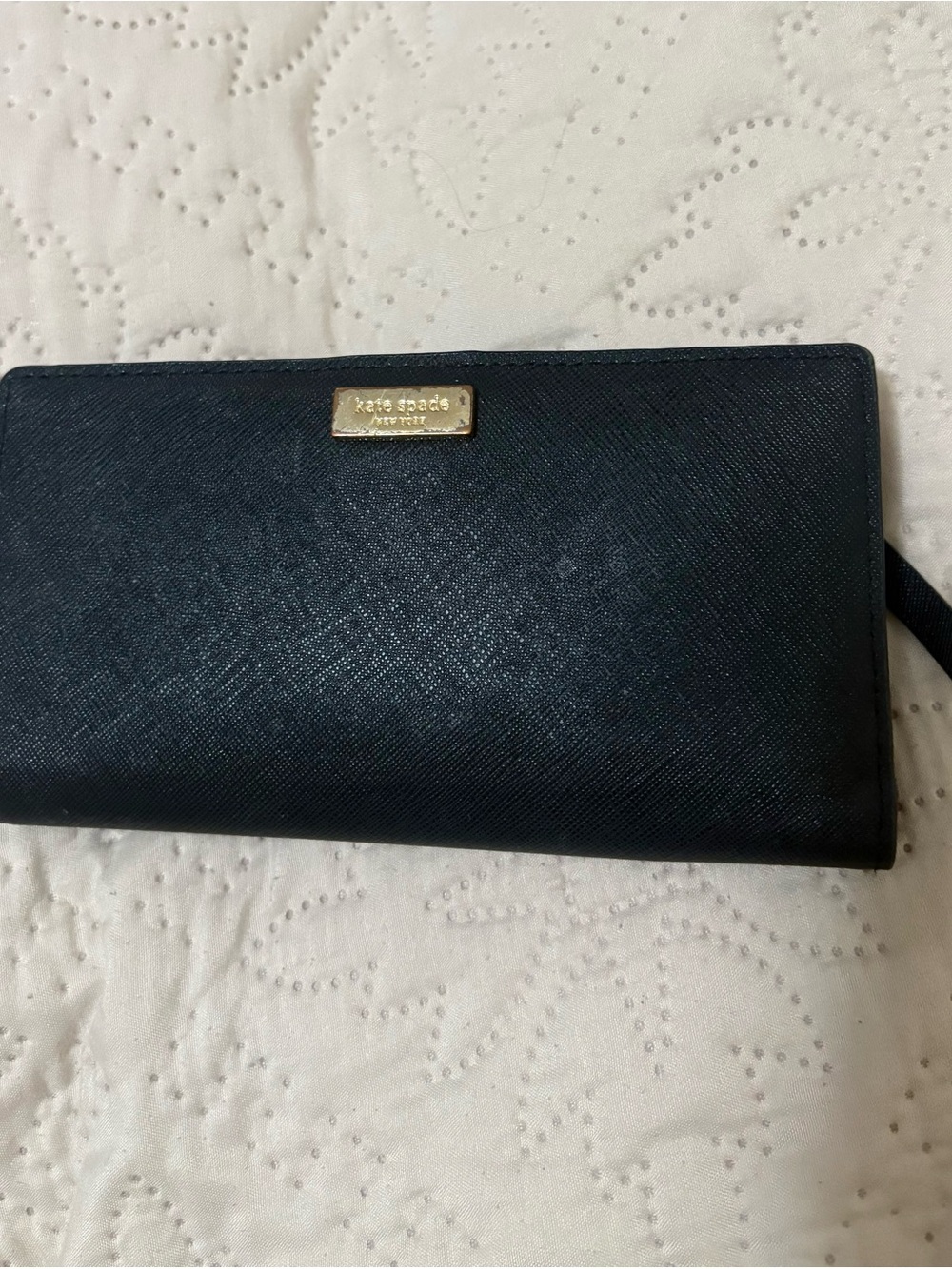 kate spade black saffiano continental wallet with gold logo